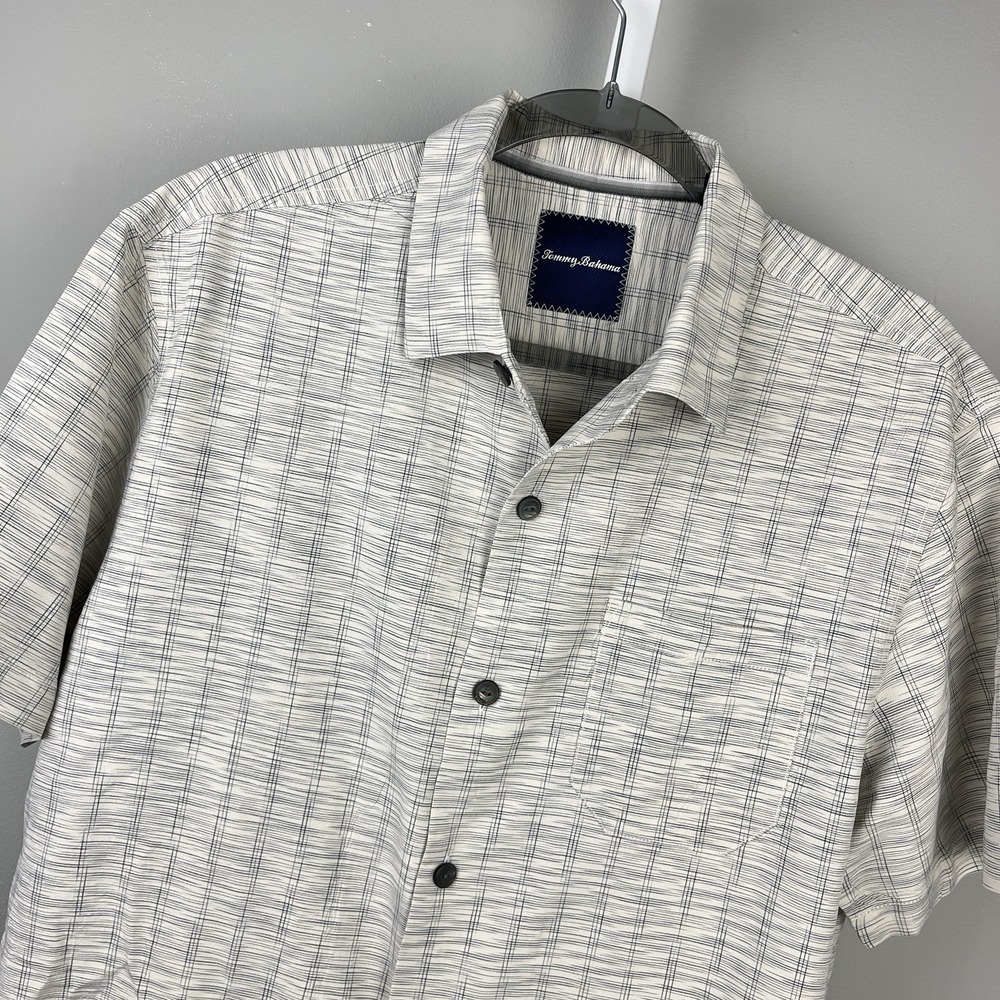 Tommy Bahama Silk Shirt Mens L White Blue Print Short Sleeve Button‎ Up